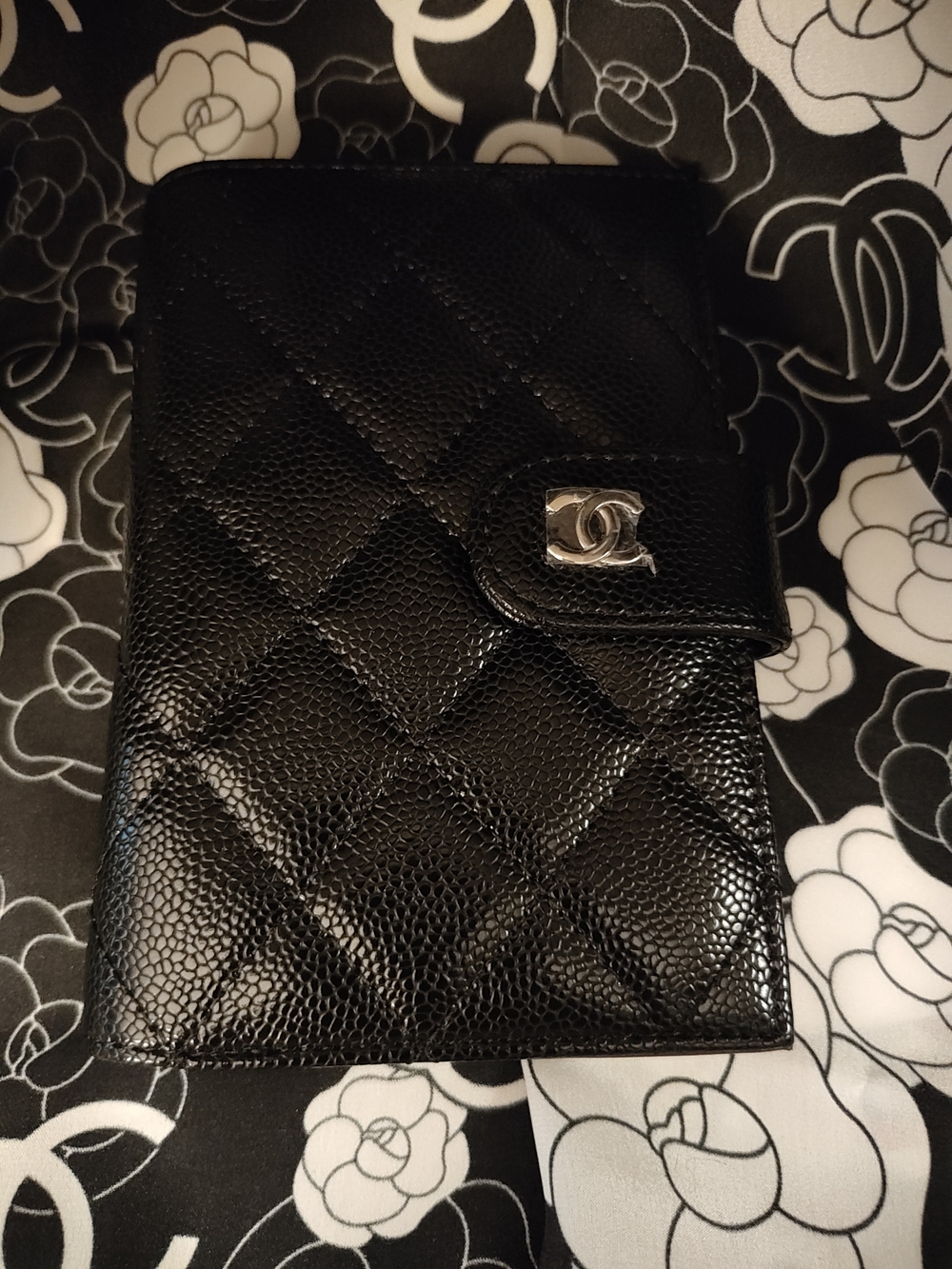 Black Quilted Caviar Leather Snap Passport Wallet